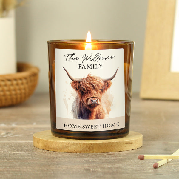 Buy Personalised Highland Cow Amber Glass Candle available now at www.giftsfinder.co.uk