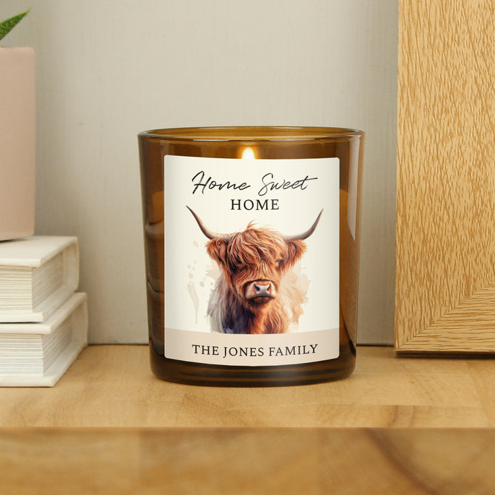 Buy Personalised Highland Cow Amber Glass Candle available now at www.giftsfinder.co.uk