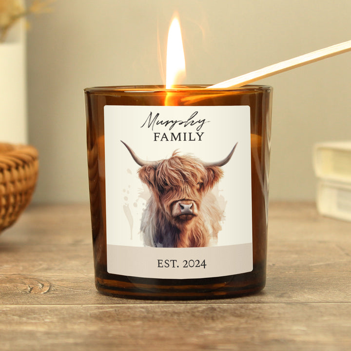 Buy Personalised Highland Cow Amber Glass Candle available now at www.giftsfinder.co.uk