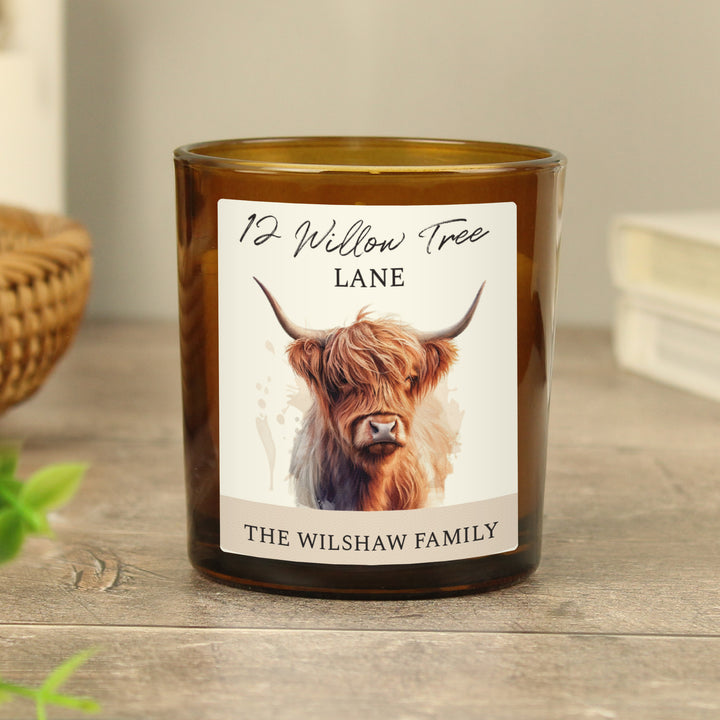 Buy Personalised Highland Cow Amber Glass Candle available now at www.giftsfinder.co.uk