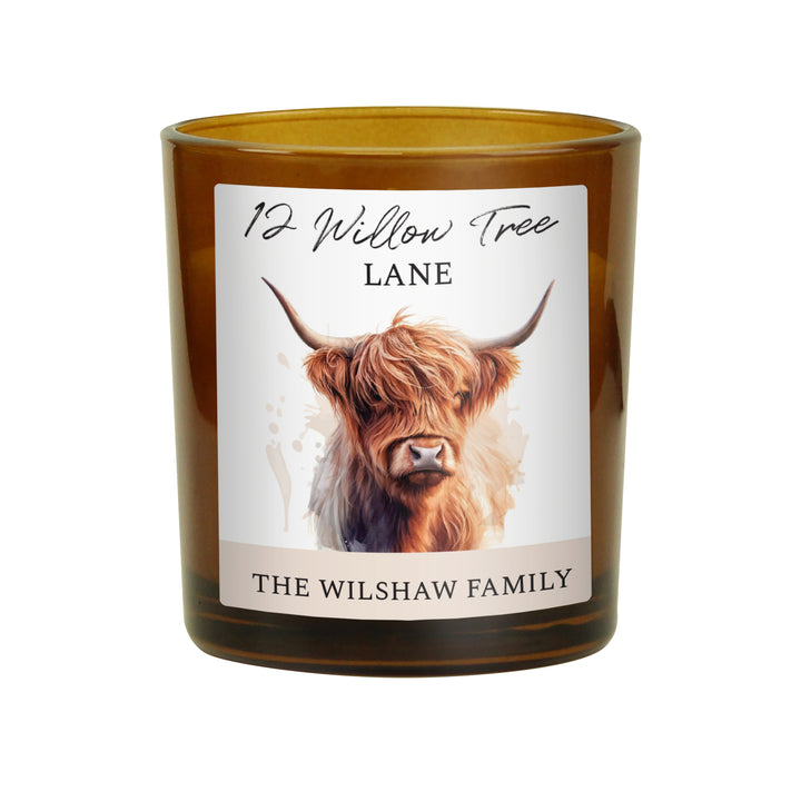 Buy Personalised Highland Cow Amber Glass Candle available now at www.giftsfinder.co.uk