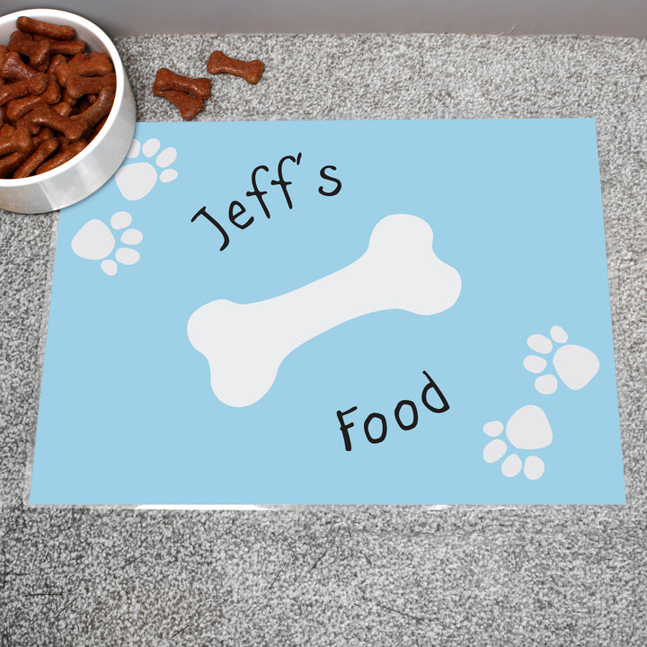 Buy Personalised Blue Paw Print Dog Pet Bowl Mat available now at www.giftsfinder.co.uk