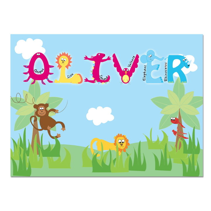 Buy Personalised Blue Animal Alphabet Placemat available now at www.giftsfinder.co.uk