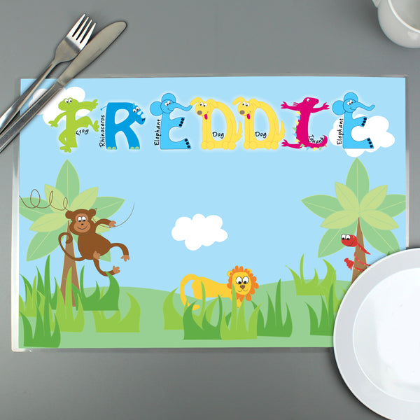 Buy Personalised Blue Animal Alphabet Placemat available now at www.giftsfinder.co.uk