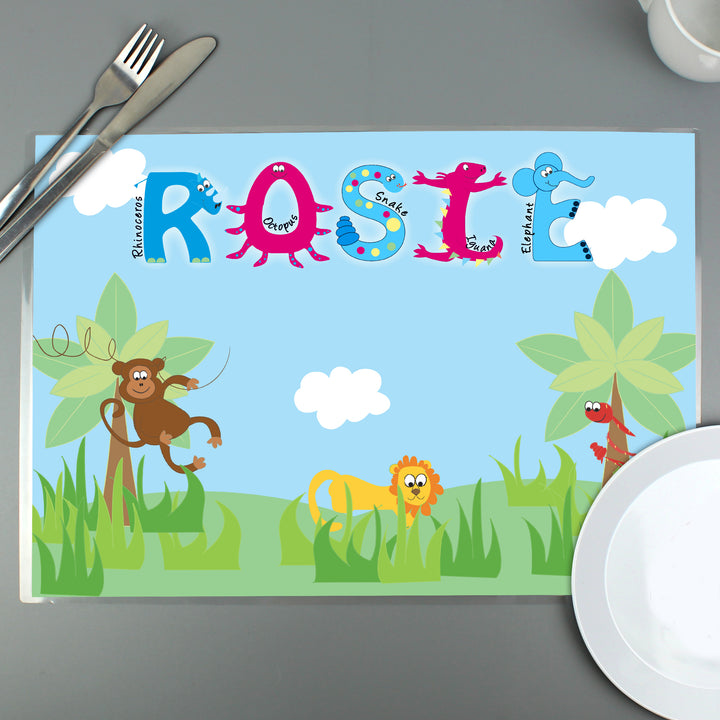 Buy Personalised Blue Animal Alphabet Placemat available now at www.giftsfinder.co.uk