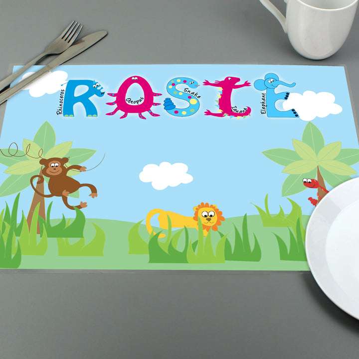 Buy Personalised Blue Animal Alphabet Placemat available now at www.giftsfinder.co.uk