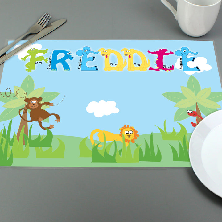 Buy Personalised Blue Animal Alphabet Placemat available now at www.giftsfinder.co.uk