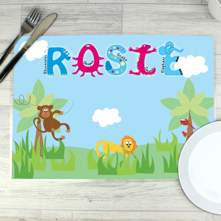 Buy Personalised Blue Animal Alphabet Placemat available now at www.giftsfinder.co.uk