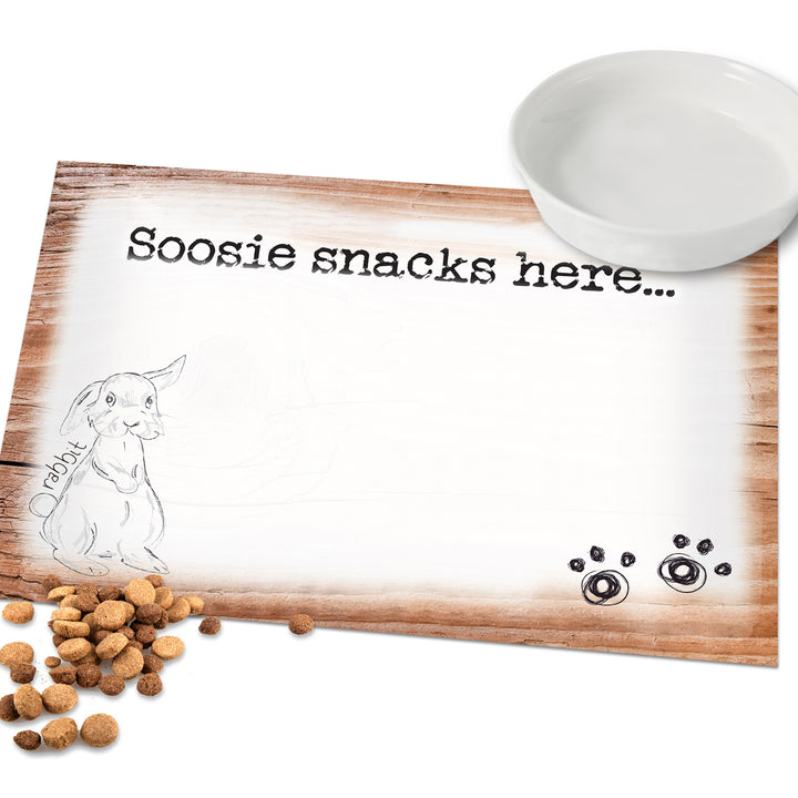 Personalised Scribble Bunny Pet Bowl Mat in gift category Pet Gifts