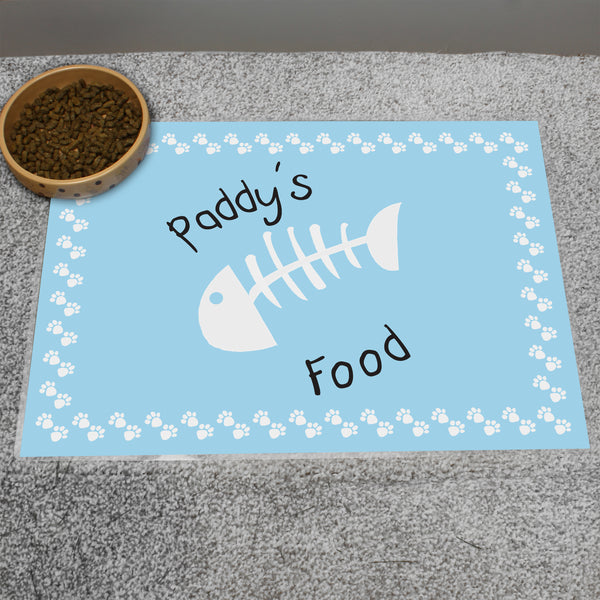 Buy Personalised Blue Fish Bone Cat Placemat available now at www.giftsfinder.co.uk