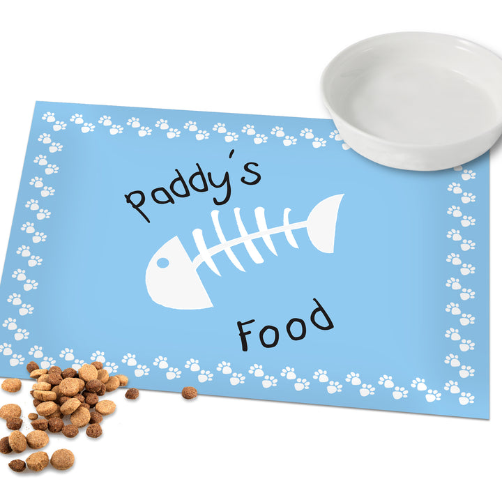 Buy Personalised Blue Fish Bone Cat Placemat available now at www.giftsfinder.co.uk