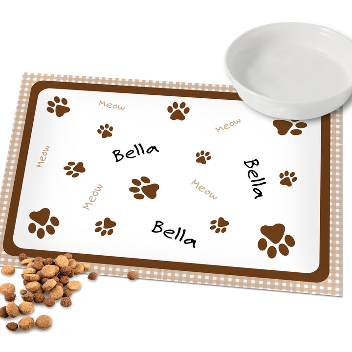 Buy Personalised Brown Gingham Cat Pet Bowl Mat available now at www.giftsfinder.co.uk