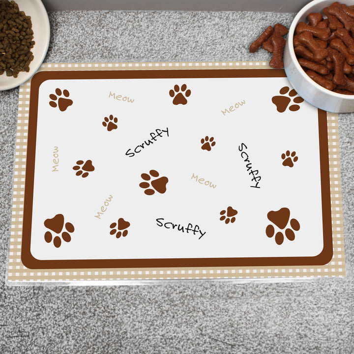 Buy Personalised Brown Gingham Cat Placemat available now at www.giftsfinder.co.uk