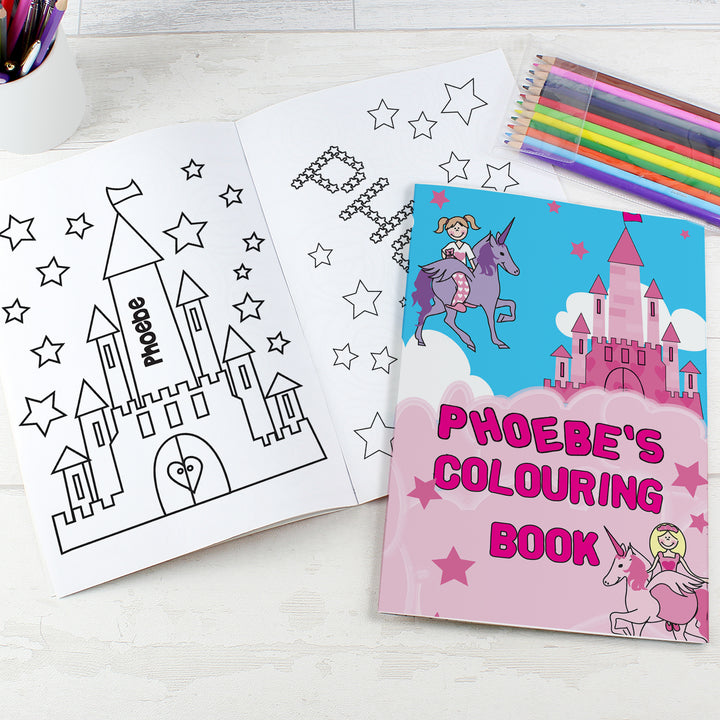 Buy Personalised Princess & Unicorn Colouring Book with Pencil Crayons at www.giftsfinder.co.uk