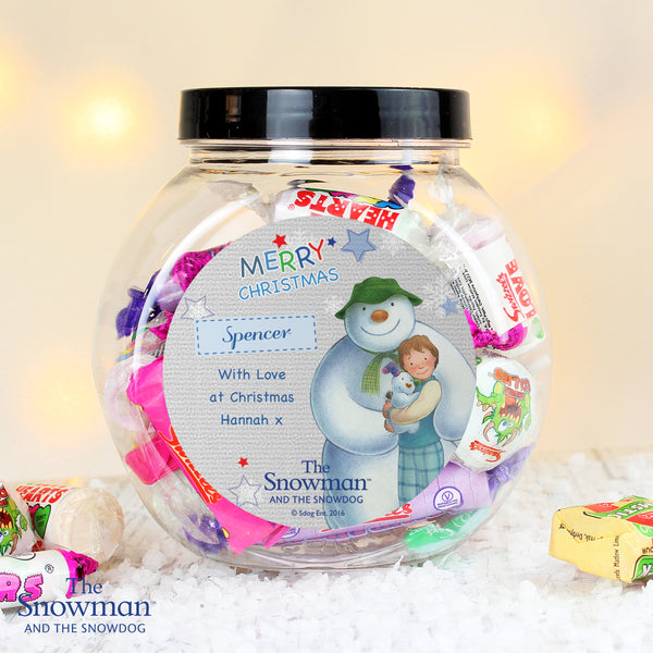 Buy Personalised The Snowman and the Snowdog Blue Sweet Jar at www.giftsfinder.co.uk