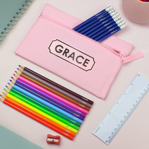 Pink Pencil Case with Personalised Pencils & Crayons in gift category Personalised Pencils