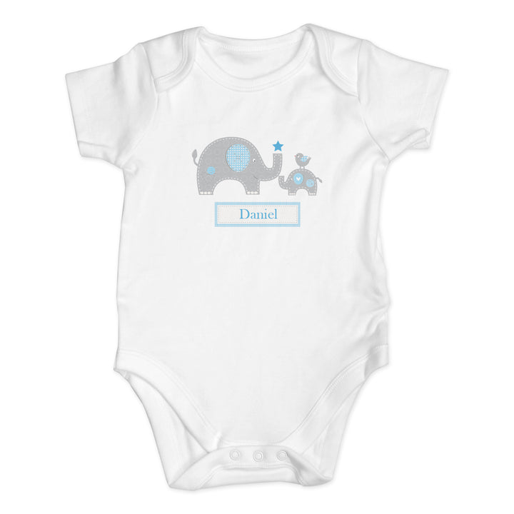 Buy Personalised Blue Elephant 0-3 Months Baby Vest available now at www.giftsfinder.co.uk