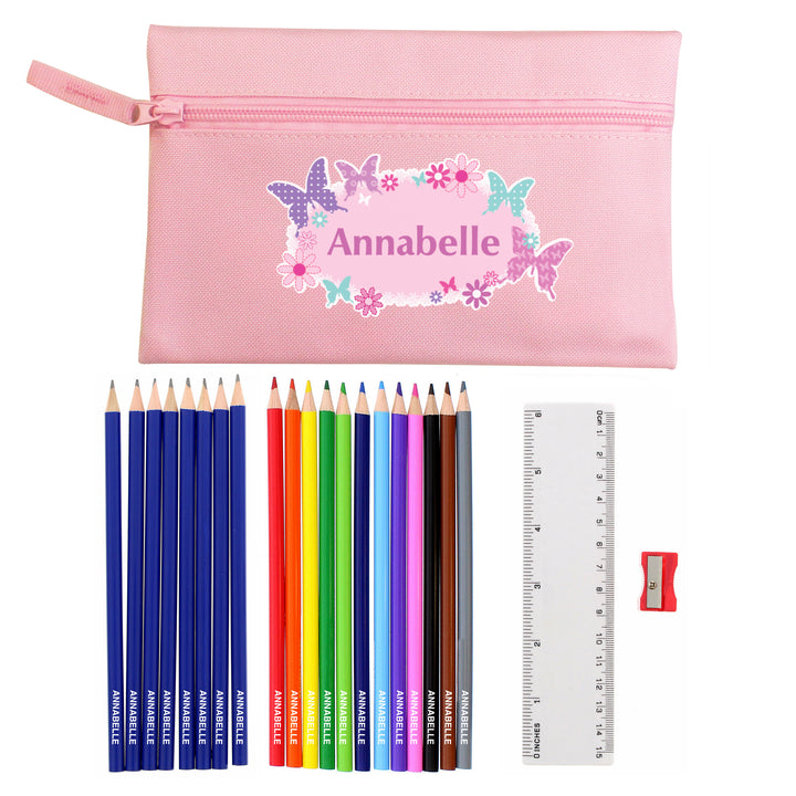 Pink Butterfly Pencil Case With Personalised Pencils & Crayons - part of the Gifts Finder Personalised Pencils collection