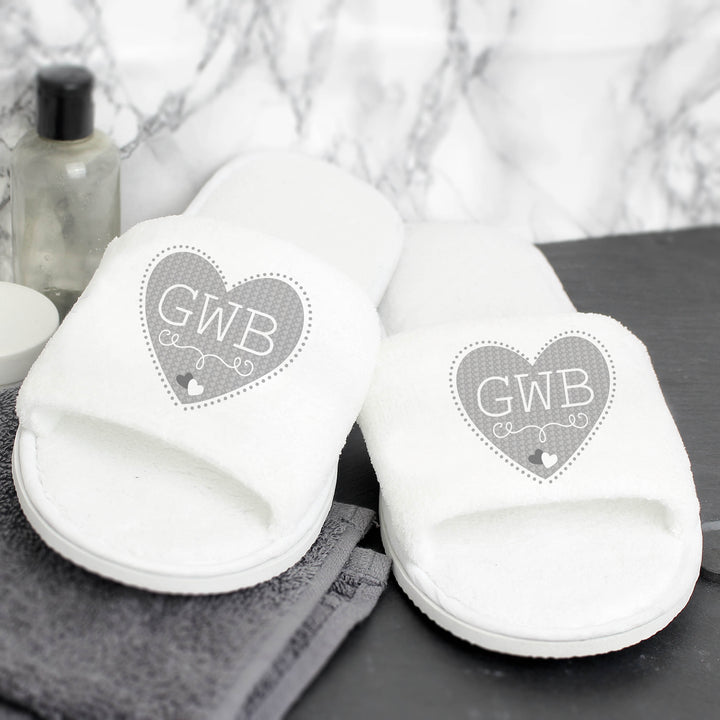 Personalised Grey Heart Initials Velour Slippers - part of the Gifts Finder Personalised Mens Slippers collection