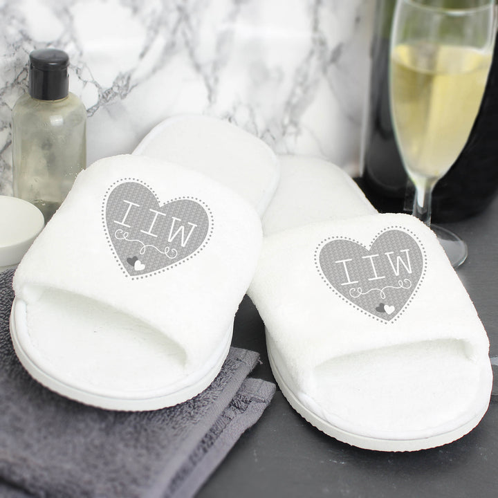 Personalised Grey Heart Initials Velour Slippers - part of the Gifts Finder Personalised Mens Slippers collection