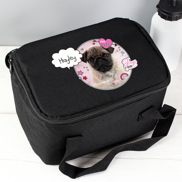 Buy Personalised Rachael Hale Doodle Pug Black Lunch Bag at www.giftsfinder.co.uk