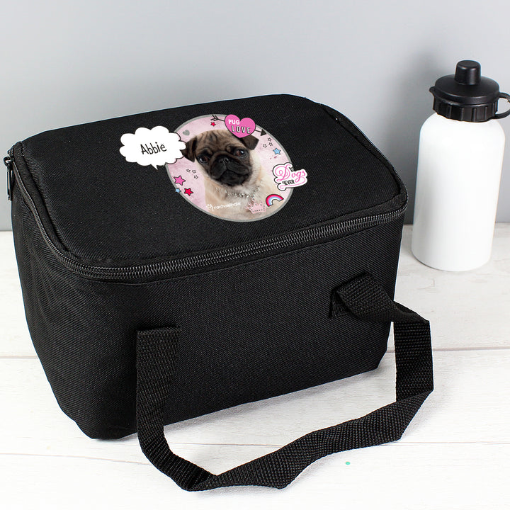 Personalised Rachael Hale Doodle Pug Black Lunch Bag - part of the Gifts Finder Personalised Lunch Bags collection