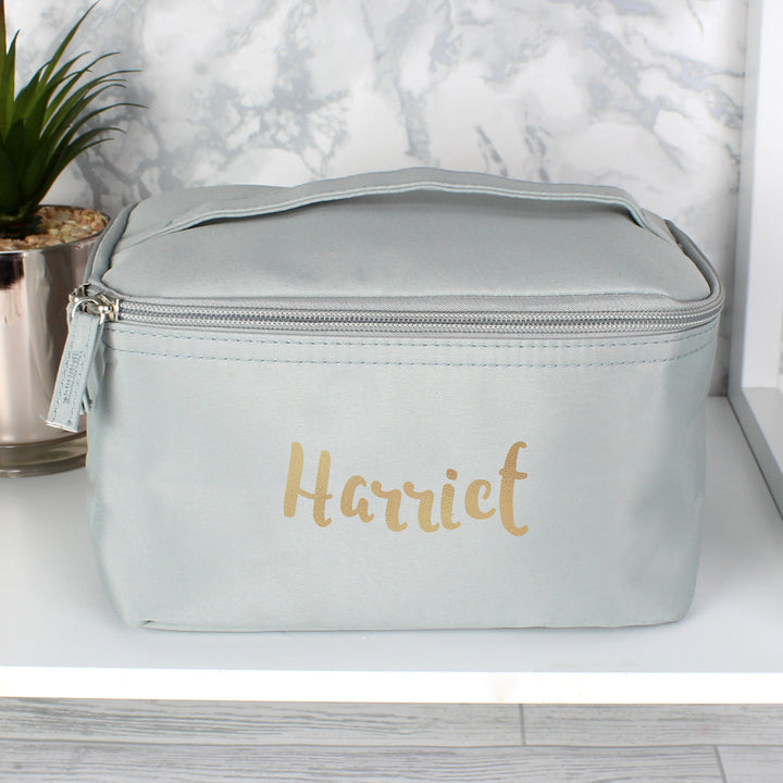 Buy Personalised Gold Name Grey Vanity Bag at www.giftsfinder.co.uk