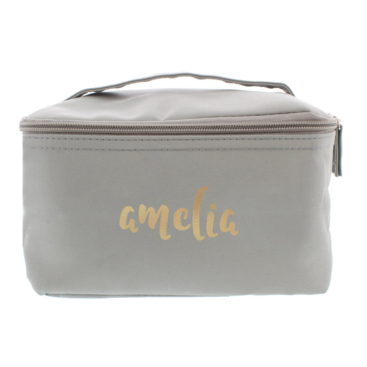 Buy Personalised Gold Name Grey Vanity Bag at www.giftsfinder.co.uk