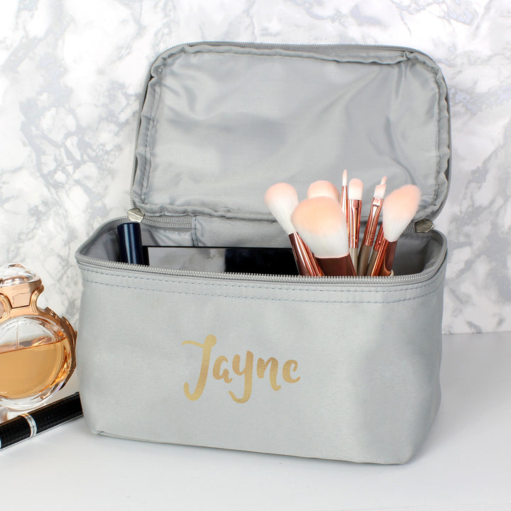 Buy Personalised Gold Name Grey Vanity Bag at www.giftsfinder.co.uk