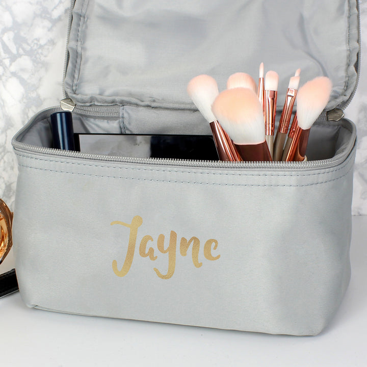 Buy Personalised Gold Name Grey Vanity Bag at www.giftsfinder.co.uk