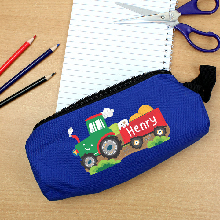 Buy Personalised Tractor Blue Pencil Case at www.giftsfinder.co.uk