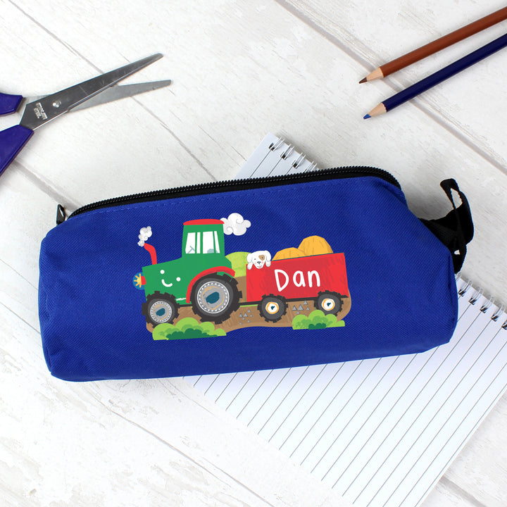 Buy Personalised Tractor Blue Pencil Case at www.giftsfinder.co.uk