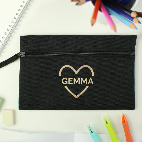 Buy Personalised Gold Heart Black Pencil Case at www.giftsfinder.co.uk