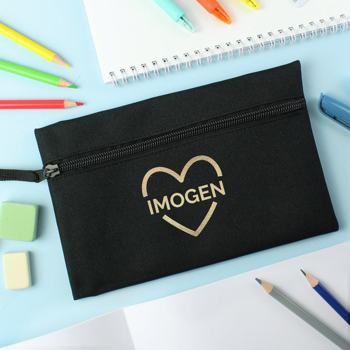 Buy Personalised Gold Heart Black Pencil Case at www.giftsfinder.co.uk