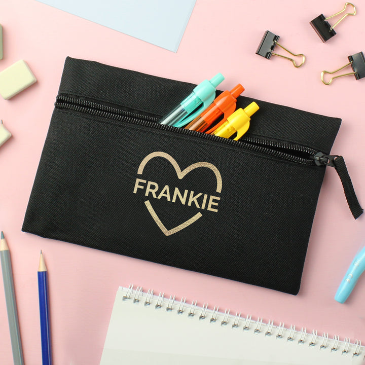 Buy Personalised Gold Heart Black Pencil Case at www.giftsfinder.co.uk