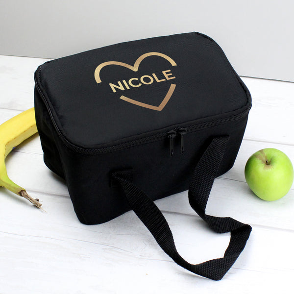 Buy Personalised Gold Heart Black Lunch Bag at www.giftsfinder.co.uk