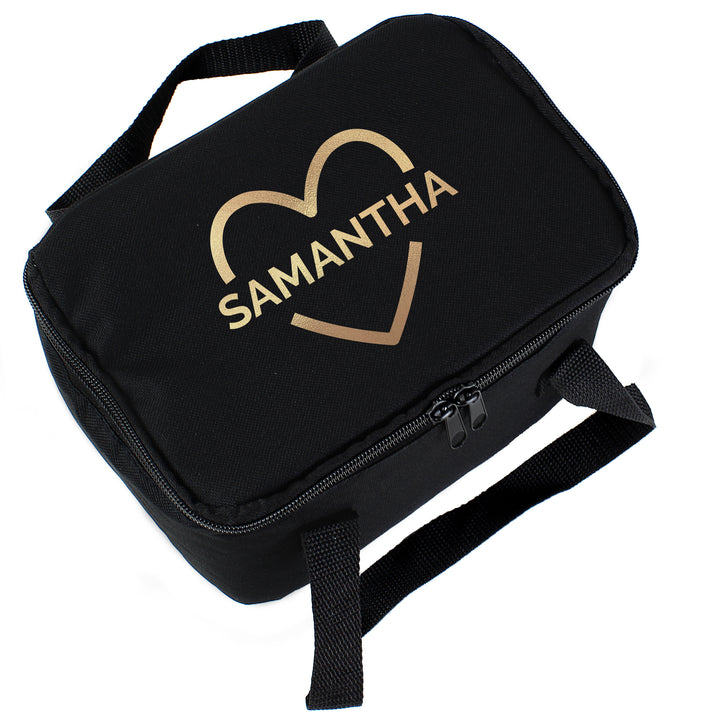 Buy Personalised Gold Heart Black Lunch Bag at www.giftsfinder.co.uk