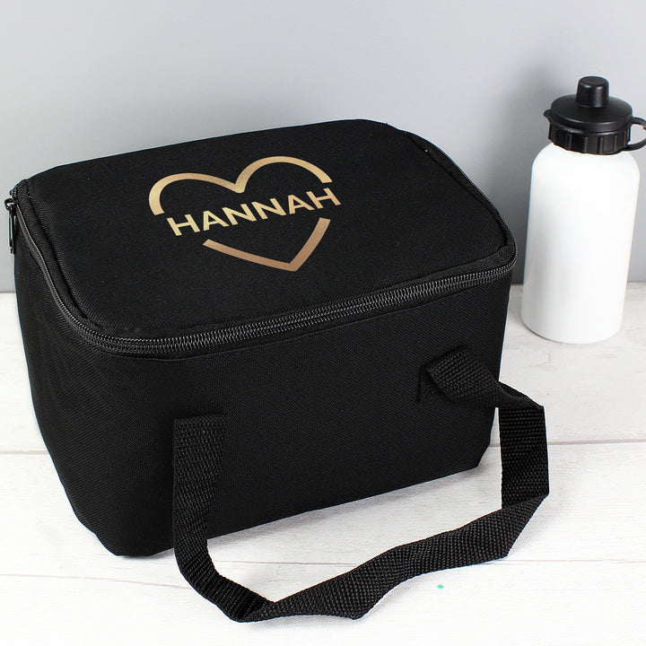 Buy Personalised Gold Heart Black Lunch Bag at www.giftsfinder.co.uk