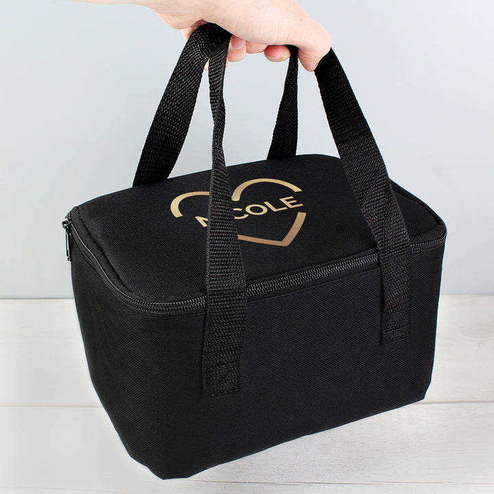 Buy Personalised Gold Heart Black Lunch Bag at www.giftsfinder.co.uk