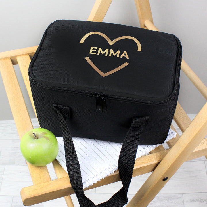 Buy Personalised Gold Heart Black Lunch Bag at www.giftsfinder.co.uk