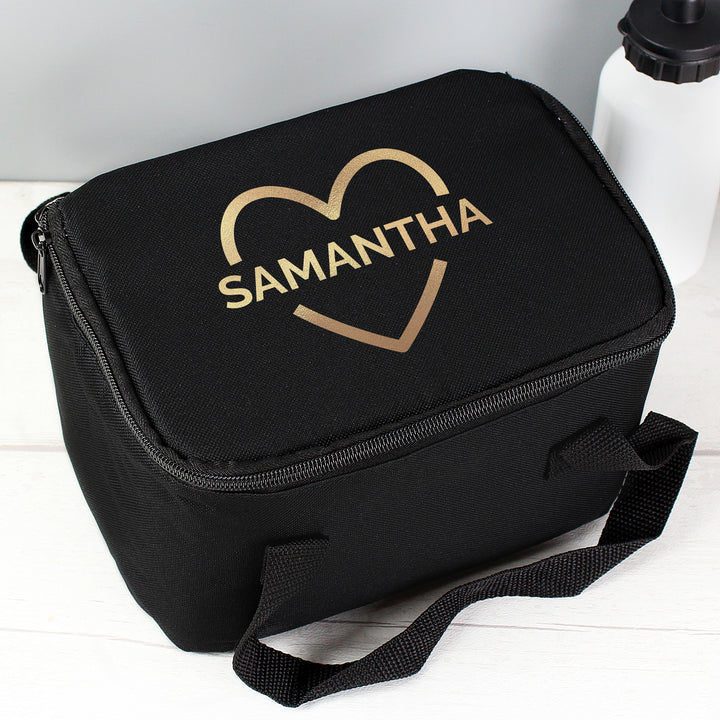 Buy Personalised Gold Heart Black Lunch Bag at www.giftsfinder.co.uk