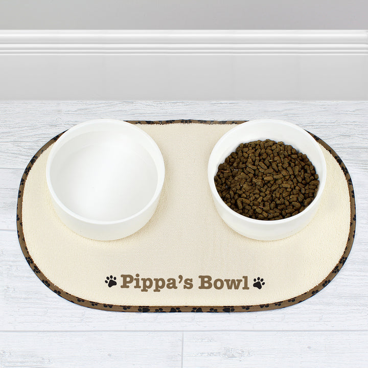 Buy Personalised Brown Microfibre Paw Print Pet Bowl Mat available now at www.giftsfinder.co.uk