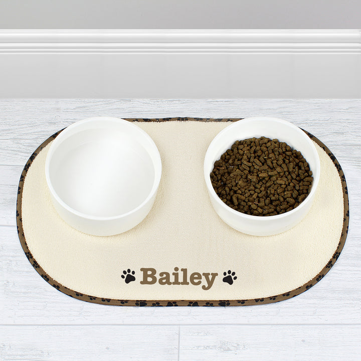 Buy Personalised Brown Microfibre Paw Print Pet Bowl Mat available now at www.giftsfinder.co.uk