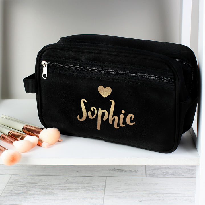 Buy Personalised Gold Name Black Toiletry Bag available now at www.giftsfinder.co.uk