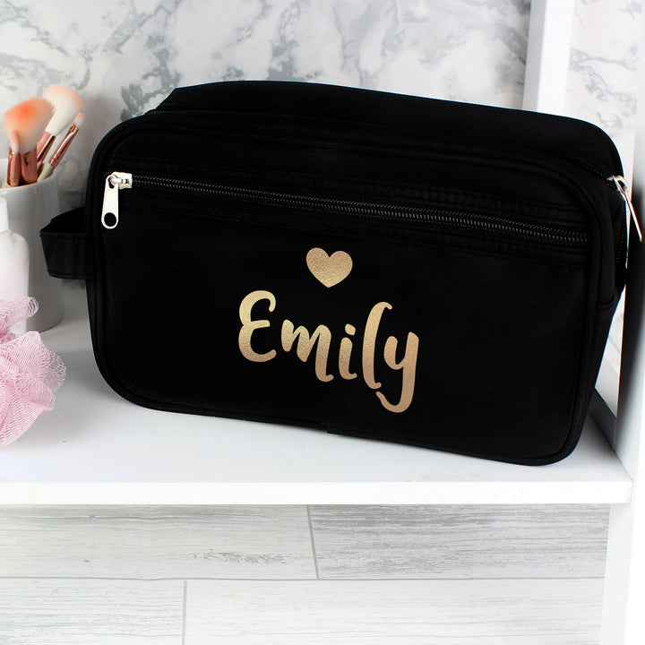 Buy Personalised Gold Name Black Toiletry Bag available now at www.giftsfinder.co.uk