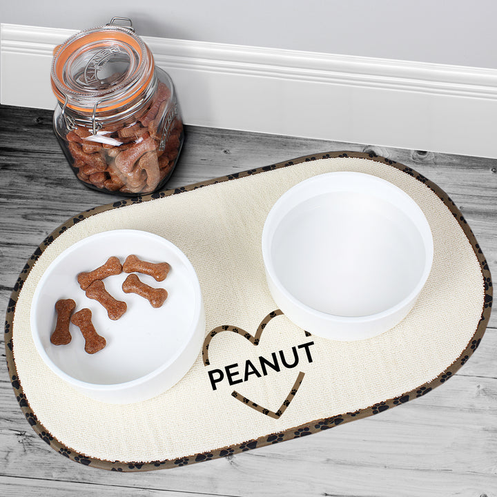 Personalised Love Heart Pet Bowl Placemat - part of the Gifts Finder Personalised Pet Bowls collection