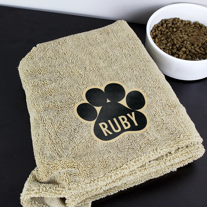 Buy Personalised Paw Print Brown Microfiber Pet Towel at www.giftsfinder.co.uk