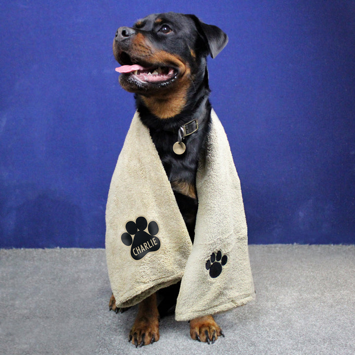 Buy Personalised Paw Print Brown Microfiber Pet Towel at www.giftsfinder.co.uk