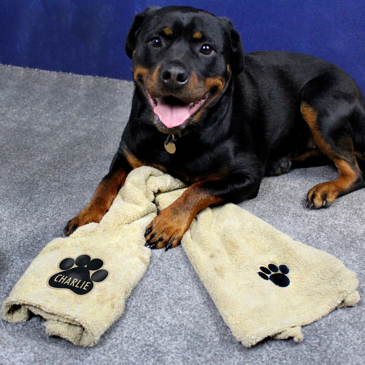 Buy Personalised Paw Print Brown Microfiber Pet Towel at www.giftsfinder.co.uk