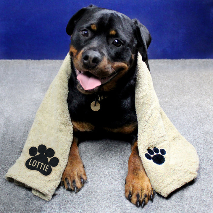 Buy Personalised Paw Print Brown Microfiber Pet Towel at www.giftsfinder.co.uk